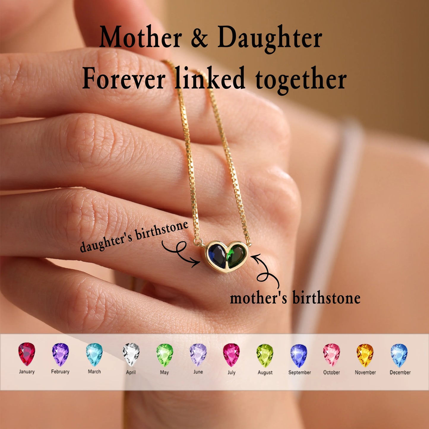 MOTHER AND DAUGHTER FOREVER LINKED TOGETHER CUSTOM HEART BIRTHSTONES BRACELET