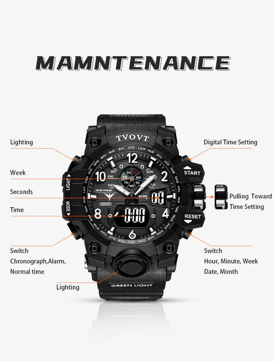 Men's TVOVT Waterproof Double Dial Led Sport Watch