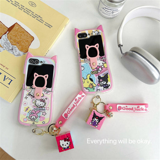 Cartoon Cat Case for Samsung Z Flip 6 & 5 with Free Hand Strap