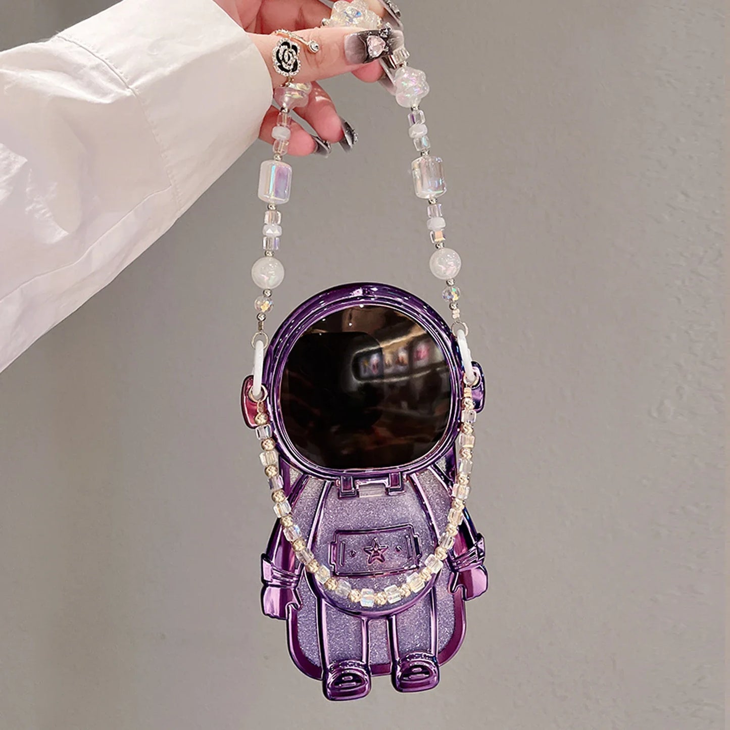 Luxury 3D Astronaut Lens Makeup Mirror Bracket Strap Phone Case For iPhone