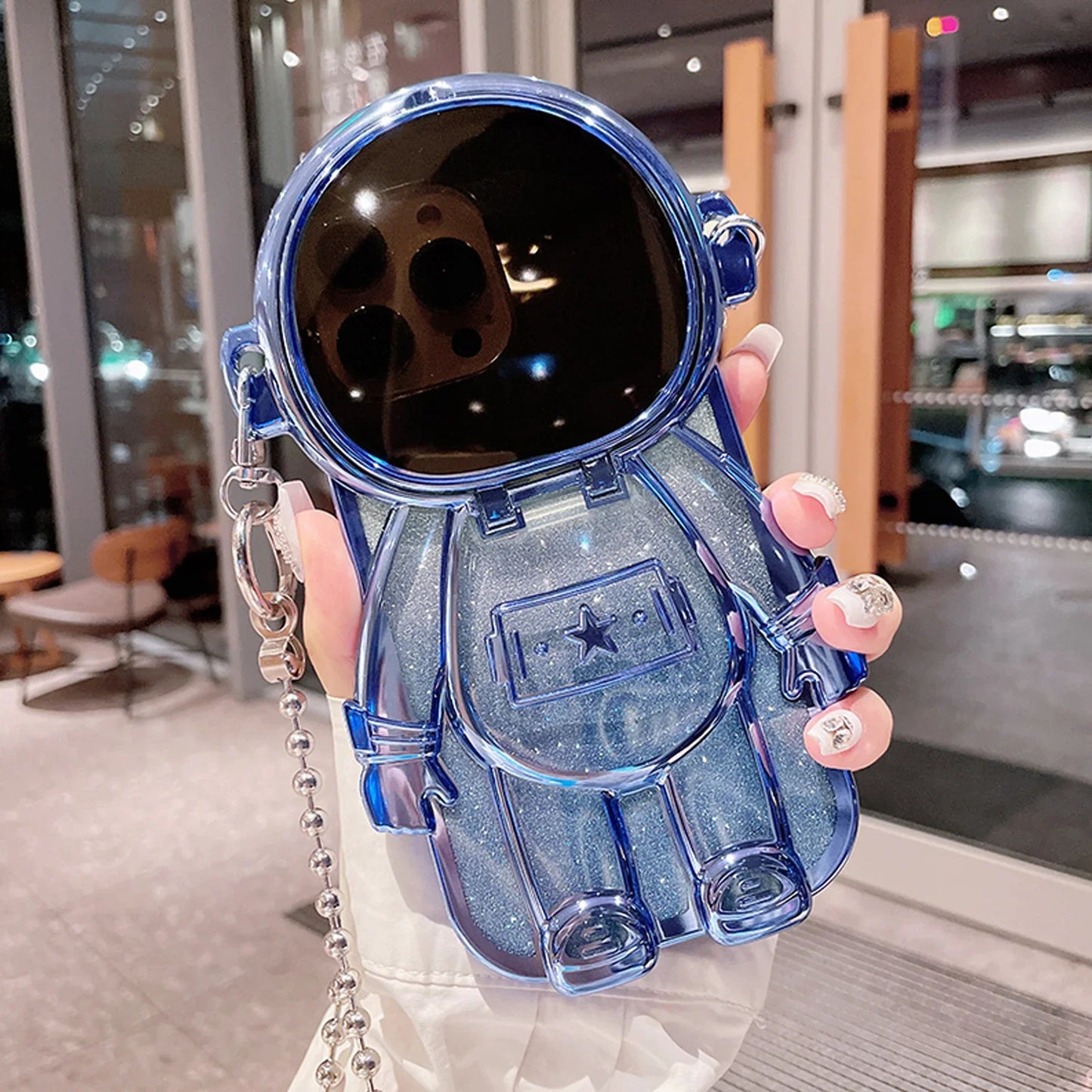 Luxury 3D Astronaut Lens Makeup Mirror Bracket Strap Phone Case For iPhone