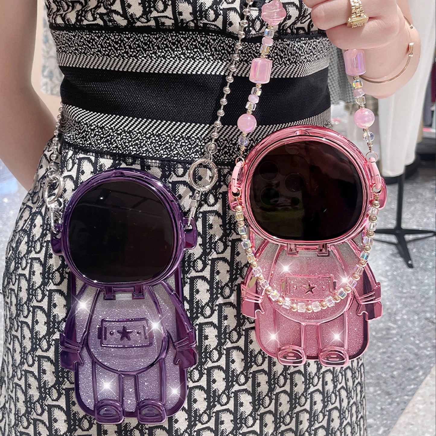 Luxury 3D Astronaut Lens Makeup Mirror Bracket Strap Phone Case For iPhone