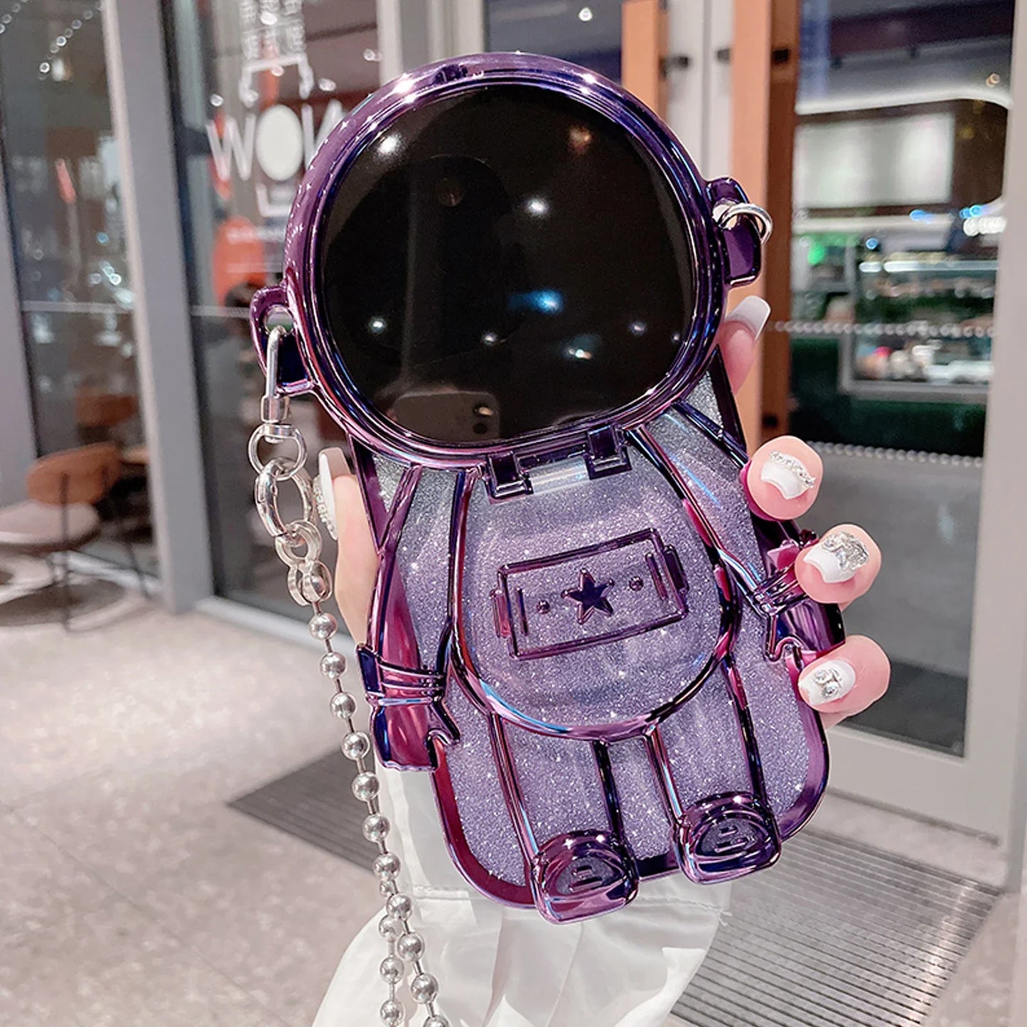 Luxury 3D Astronaut Lens Makeup Mirror Bracket Strap Phone Case For iPhone