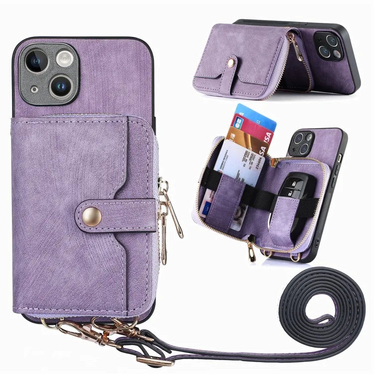 Luxury Crossbody Zipper Leather Rope Card Pocket Case For iPhone