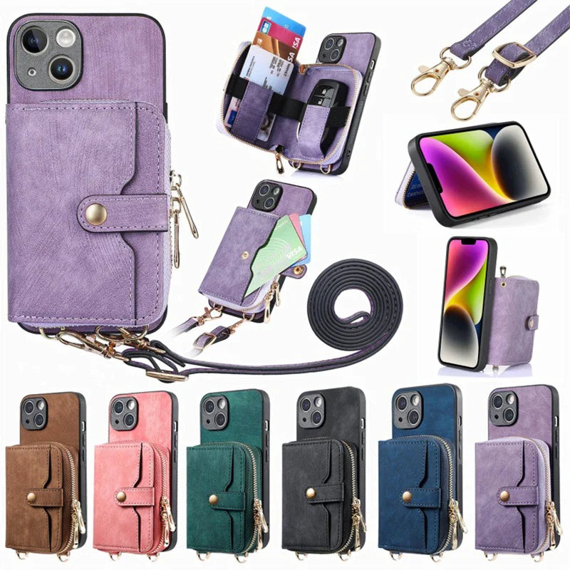 Luxury Crossbody Zipper Leather Rope Card Pocket Case For iPhone