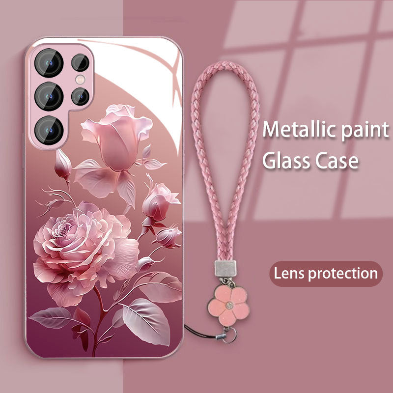 Hot ins pink rose glass phone case