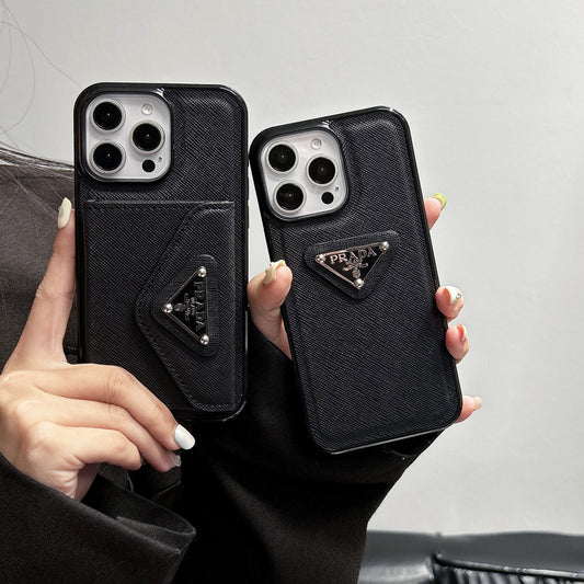 New Cross Grain Leather Triangle Trifold Card Holder Phone Case