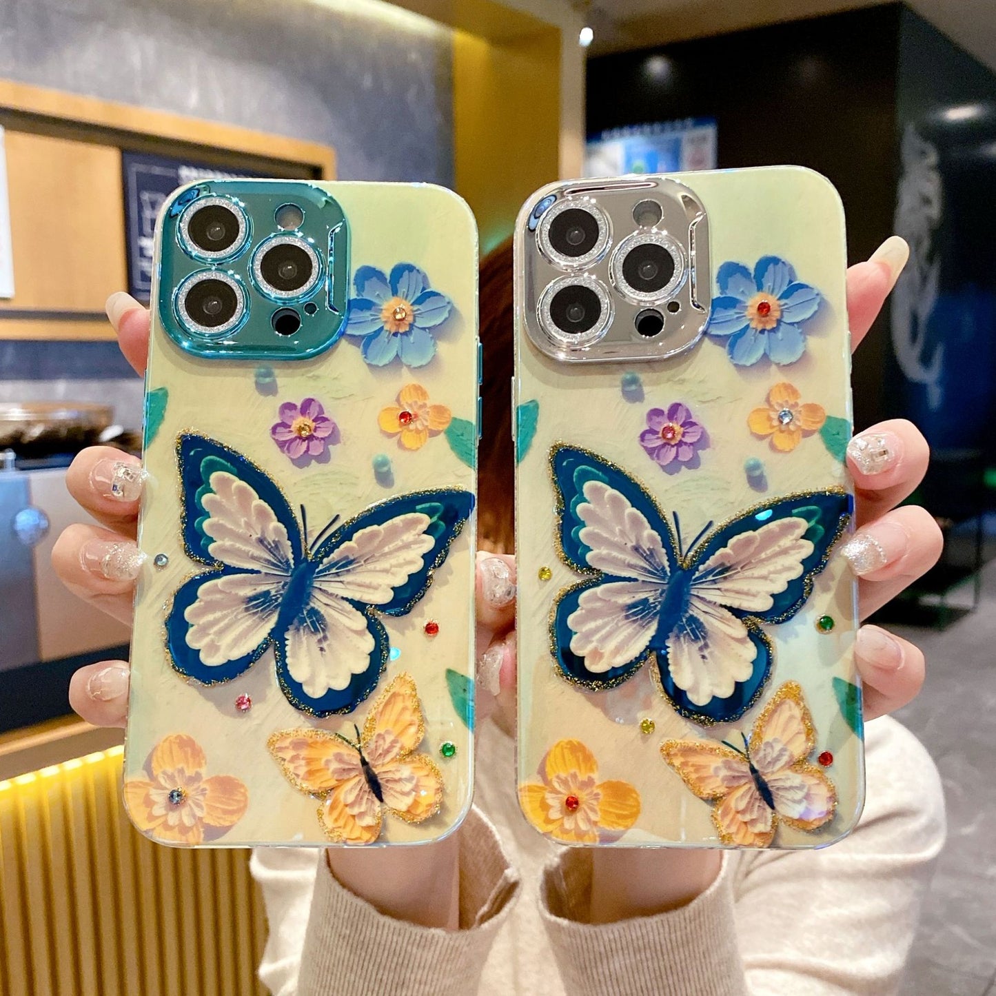 Blue butterfly epoxy double layer advanced anti-fall mobile phone case