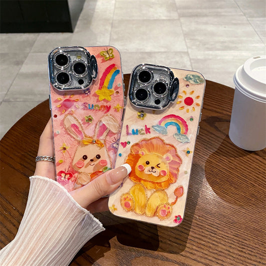 Cartoon lion rabbit rhinestone mobile phone case suitable for Apple 11/12/13/14/15 series