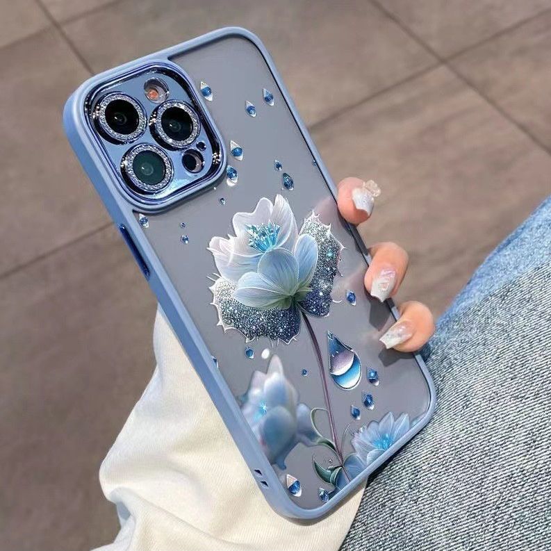 Blue floral all-inclusive diamond lens film phone case