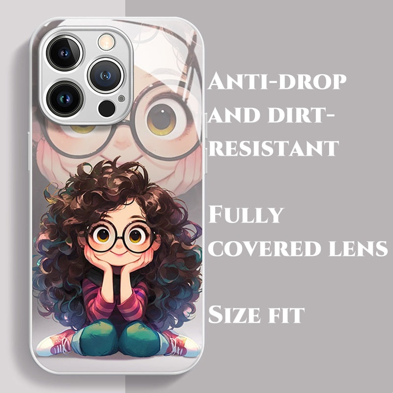 Curly Hair Glasses Girl Liquid Glasses Cartoon Phone Case