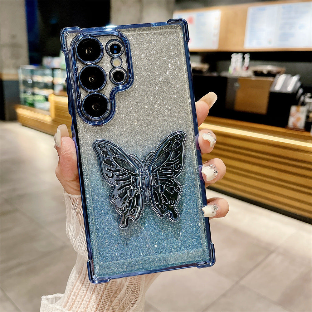 Suitable for Samsung S24Ultra mobile phone case four-corner anti-fall butterfly bracket gradient glitter shell S23 anti-fall protection