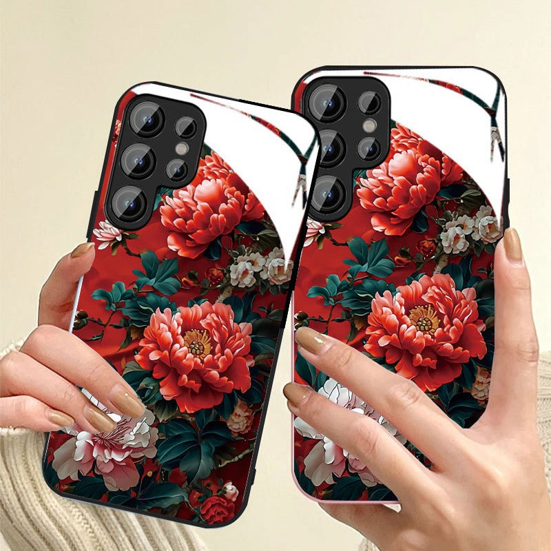 Popular red peony flower for Samsung glass phone case