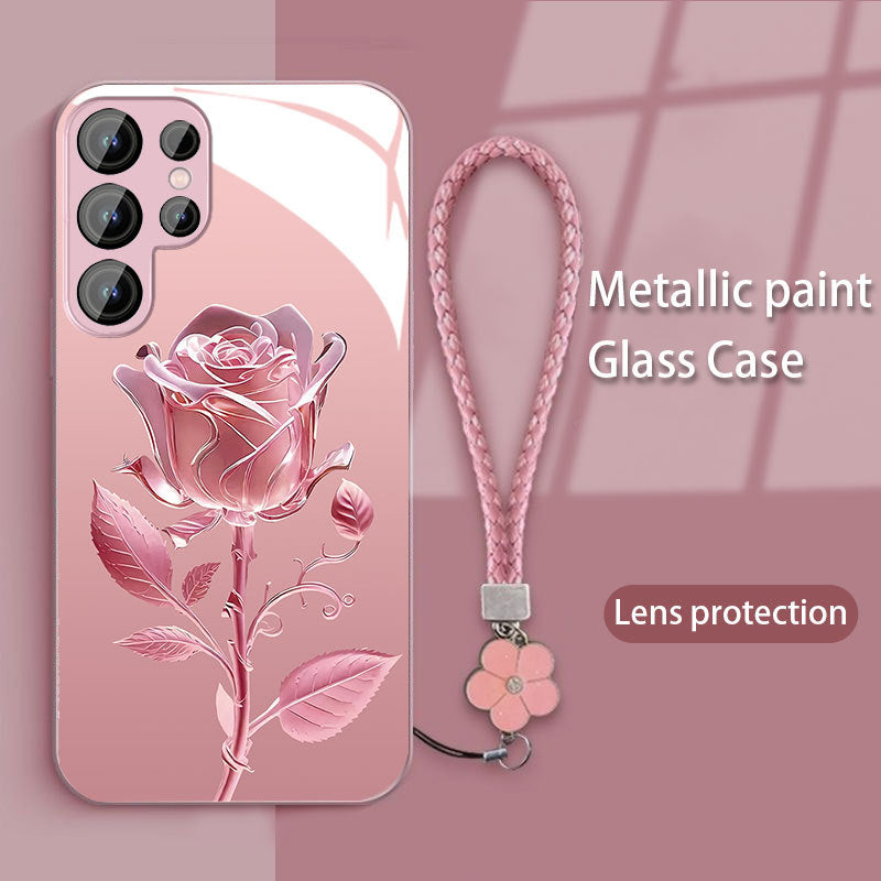 Hot ins pink rose glass phone case