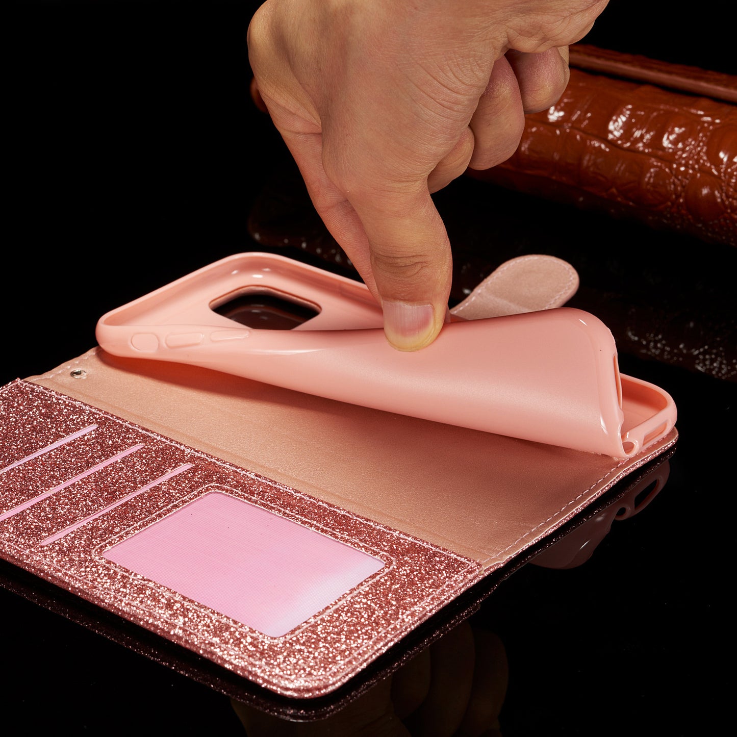 Fashion brand love glitter flip leather phone case