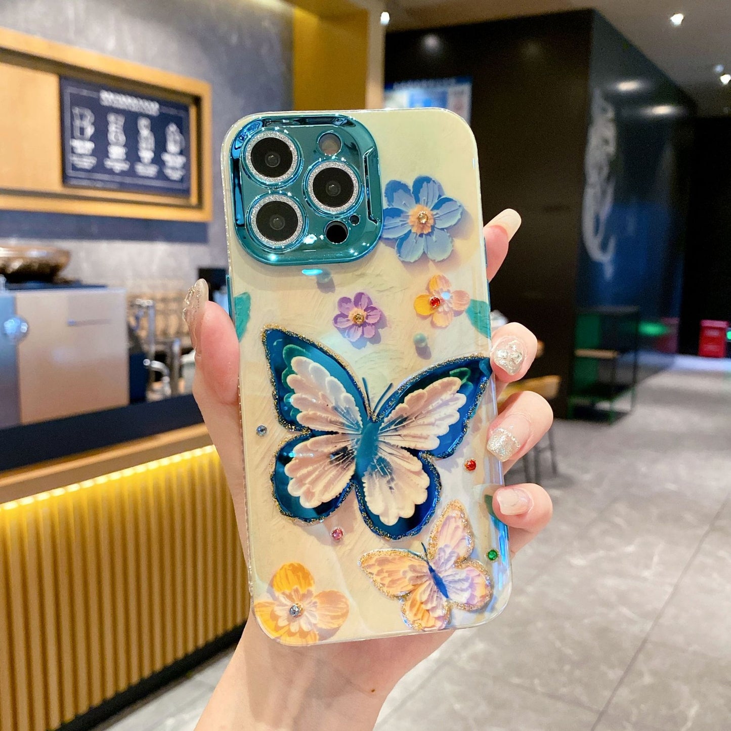 Blue butterfly epoxy double layer advanced anti-fall mobile phone case