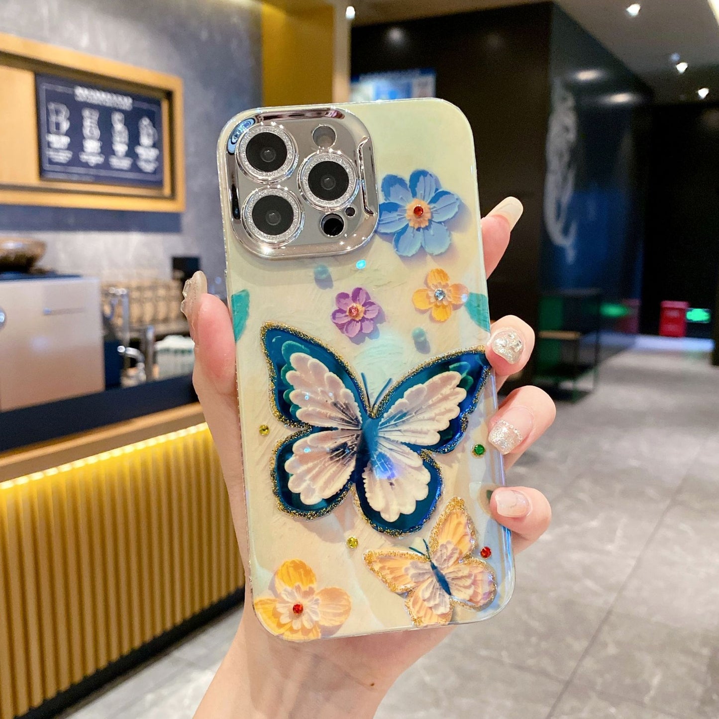 Blue butterfly epoxy double layer advanced anti-fall mobile phone case