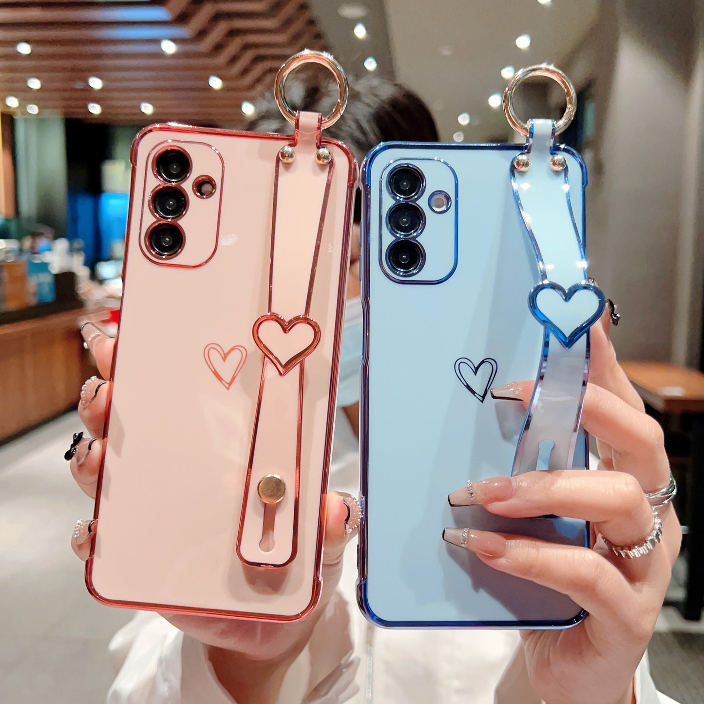 Electroplating hollow heart wristband phone case for Samsung Galaxy S/A