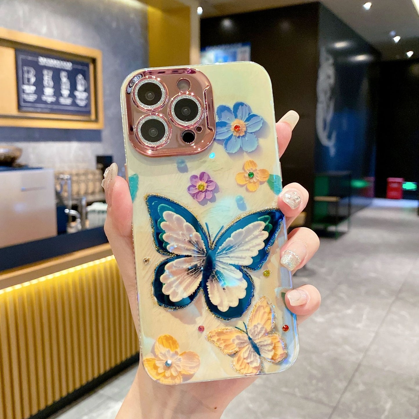 Blue butterfly epoxy double layer advanced anti-fall mobile phone case