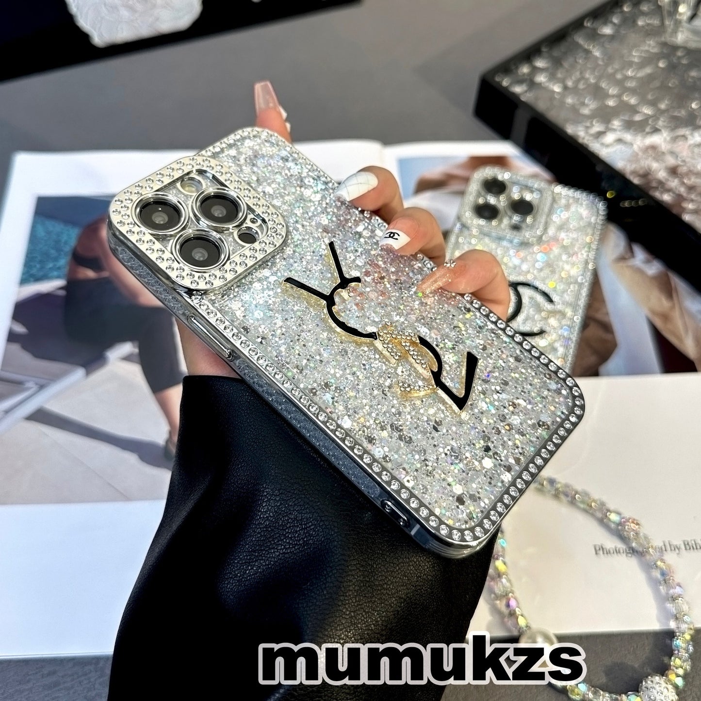 Luxury diamond-studded Chanel style phone case