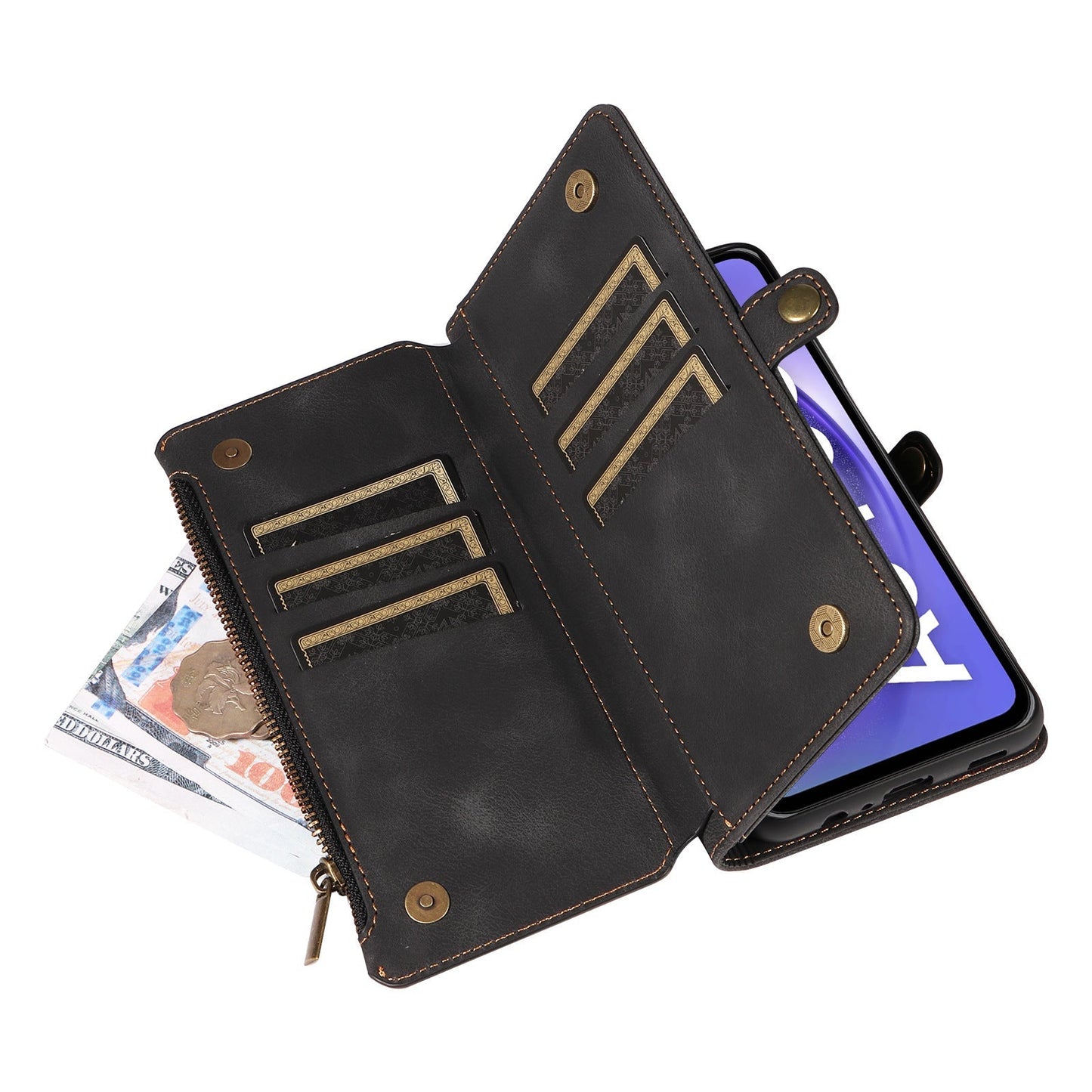 High-End Retro Leather Pouch Wallet Lanyard Zipper Card Phone Case For Galaxy A15