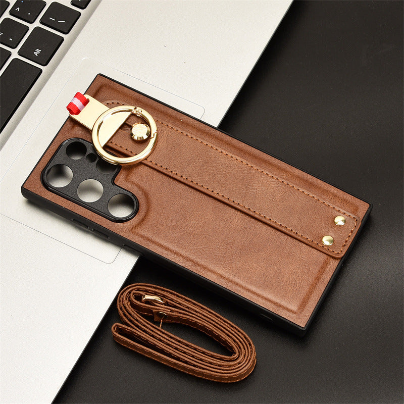 Wrist Strap Lanyard Leather Phone Case For Samsung