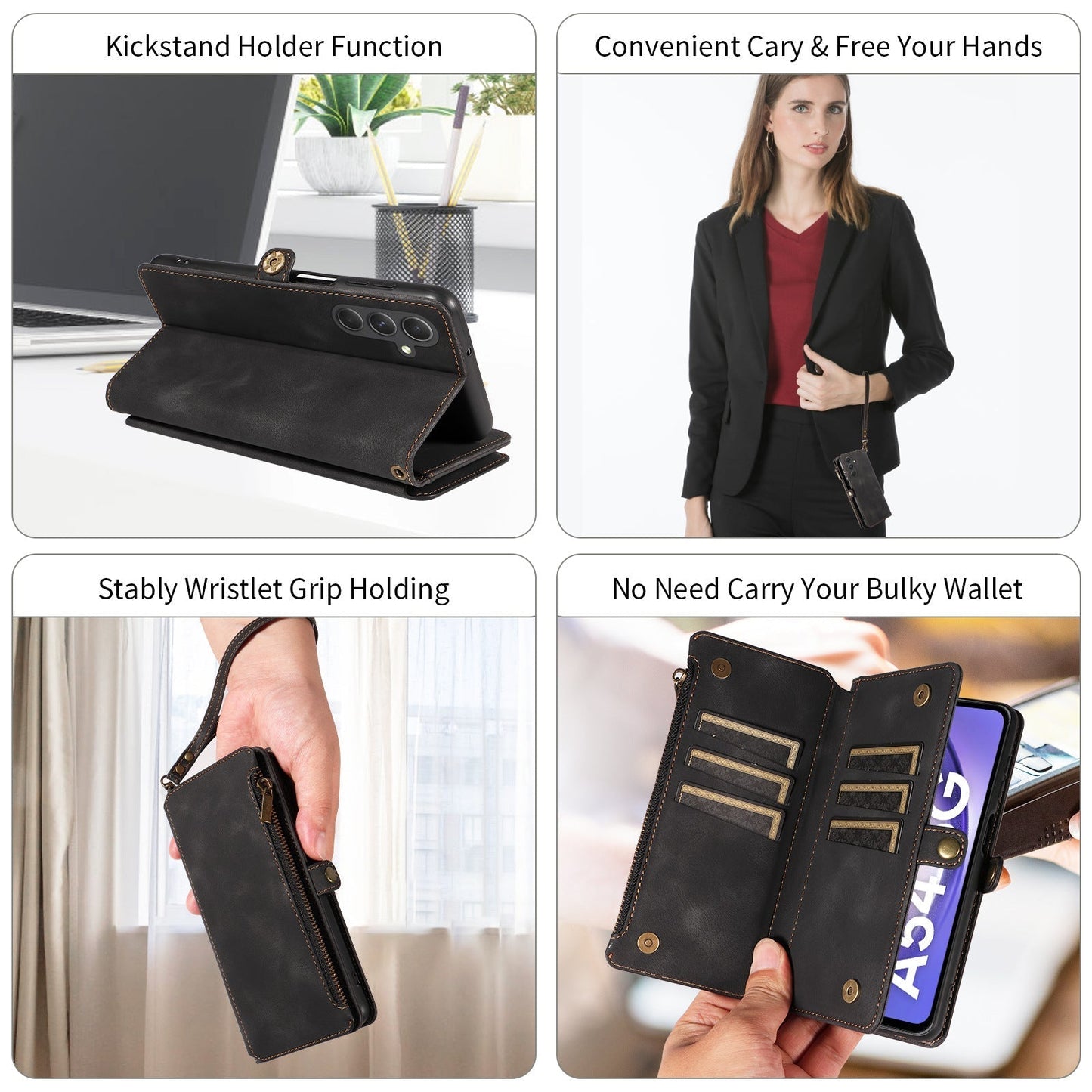 High-End Retro Leather Pouch Wallet Lanyard Zipper Card Phone Case For Galaxy A54