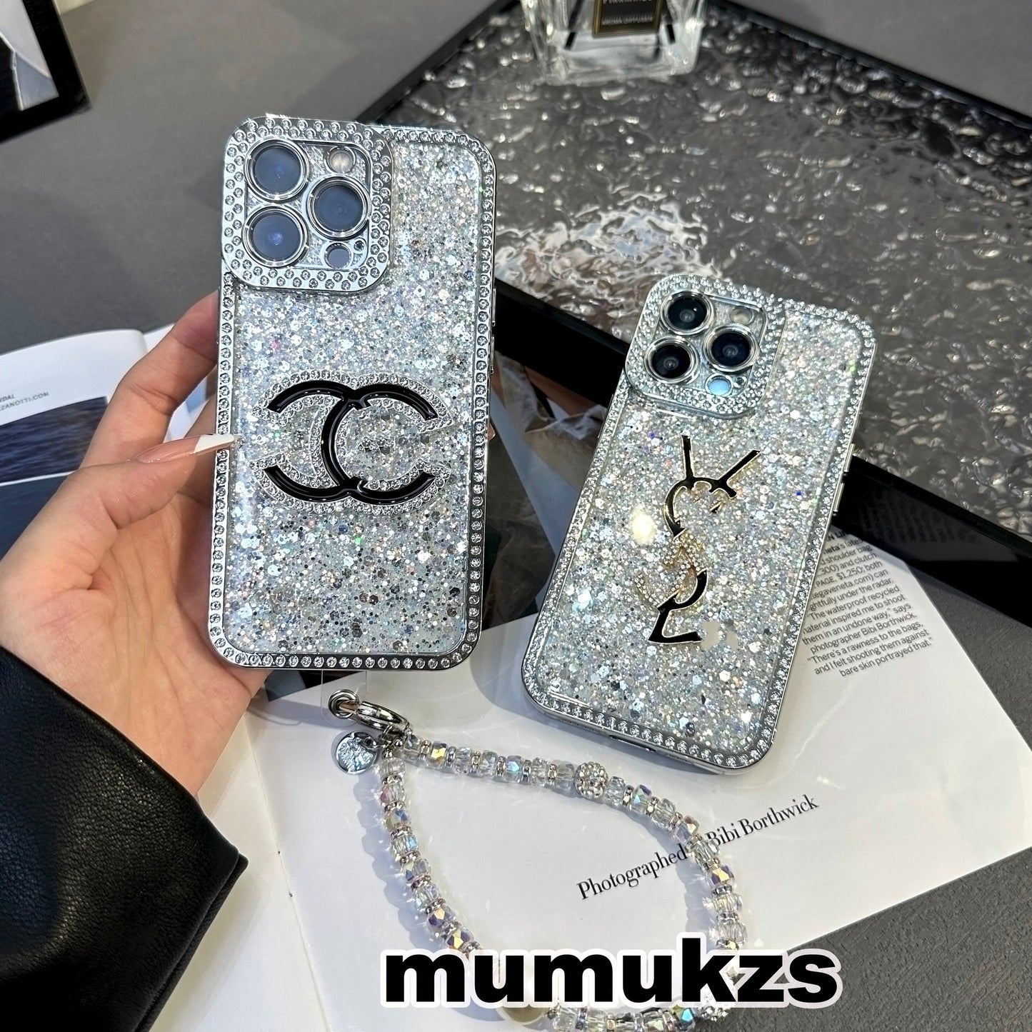 Luxury diamond-studded Chanel style phone case