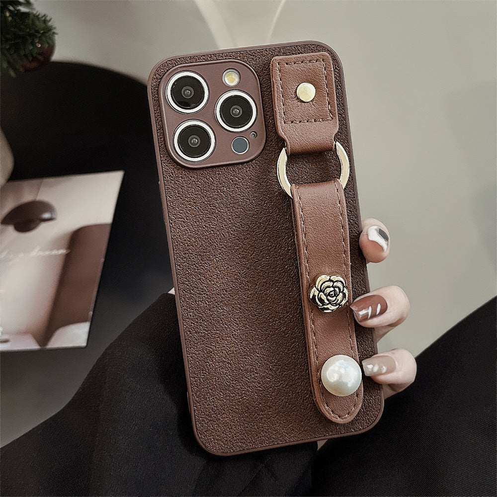 Premium Camellia Wristband Light Luxury Retro Leather Phone Case