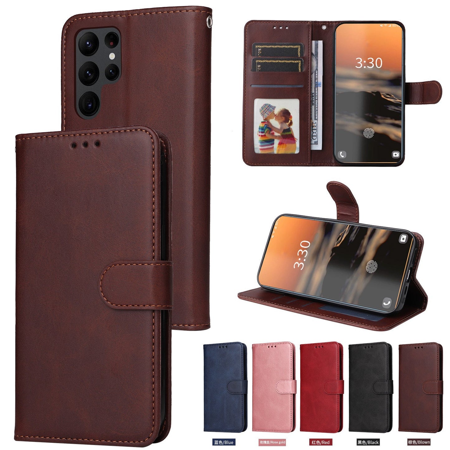 Samsung Calfskin Texture Three Card Photo Frame Card Magnetic Insert Phone Case A Series