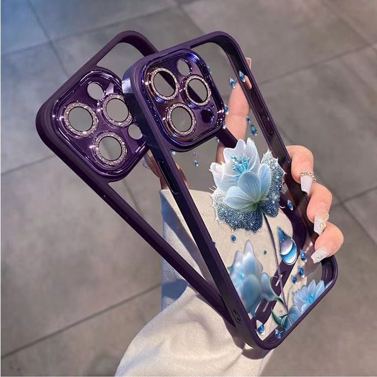 Blue floral all-inclusive diamond lens film phone case