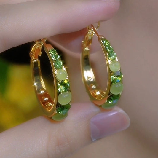 💐Mother's Day Pre-sale💝14K Gold-Plated Elegant Diamond Cat's Eye Stone Hoop Earrings