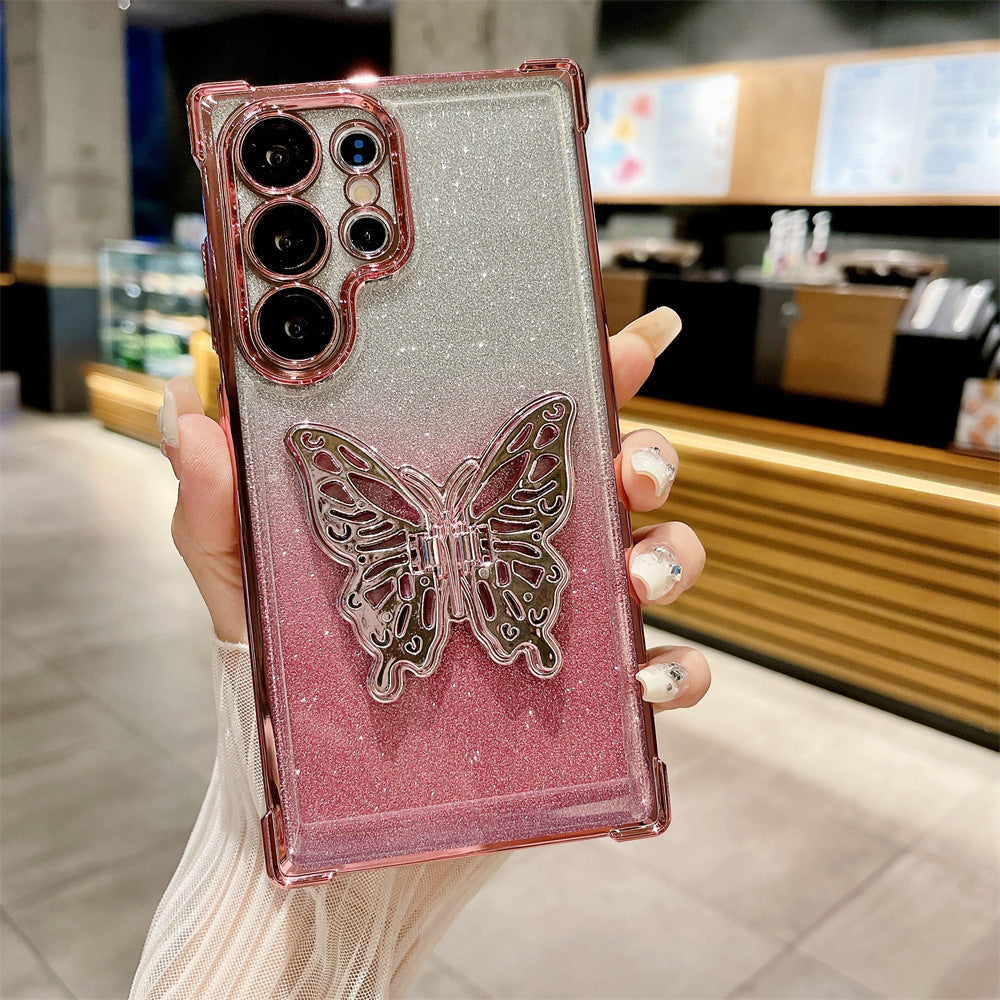 Suitable for Samsung S24Ultra mobile phone case four-corner anti-fall butterfly bracket gradient glitter shell S23 anti-fall protection