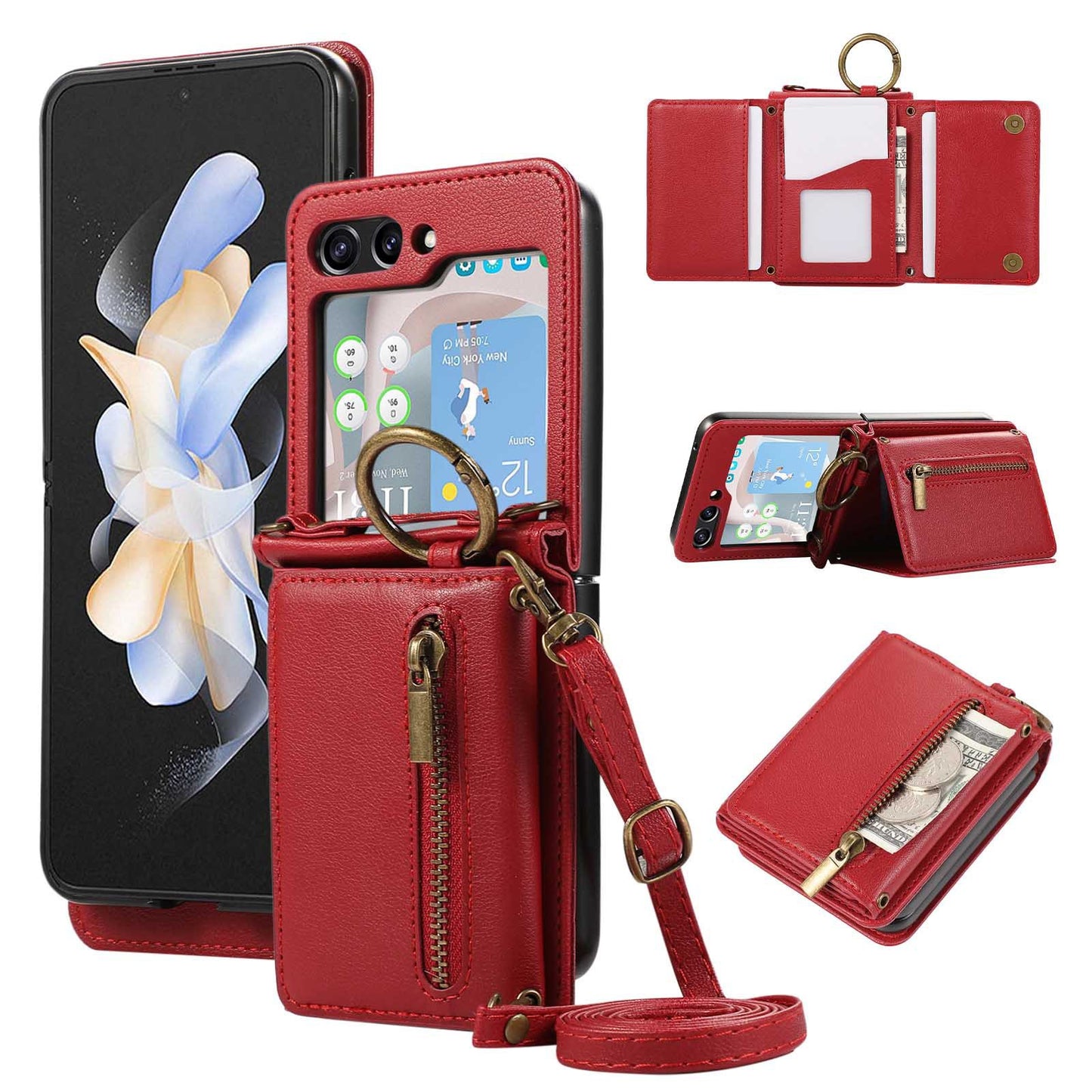 Trifold card holder finger ring buckle crossbody lanyard zipper leather case mobile phone case