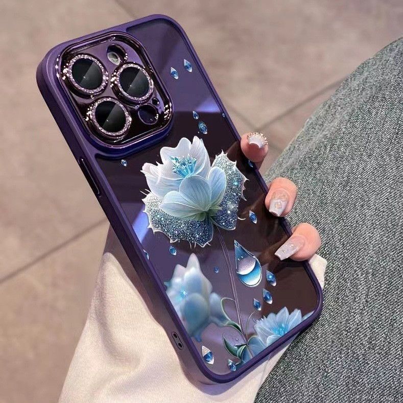 Blue floral all-inclusive diamond lens film phone case