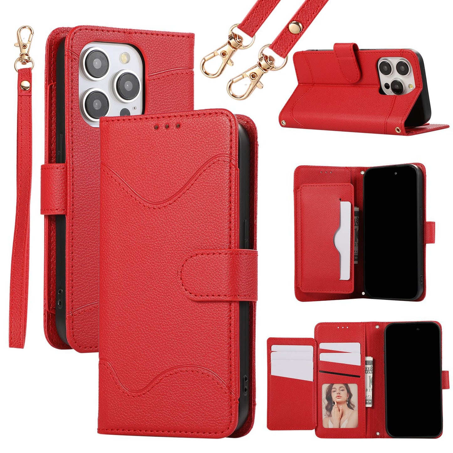 Leather Case Multi-Card Slot Crossbody Lanyard Flip Phone Case