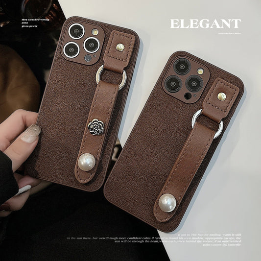 Premium Camellia Wristband Light Luxury Retro Leather Phone Case