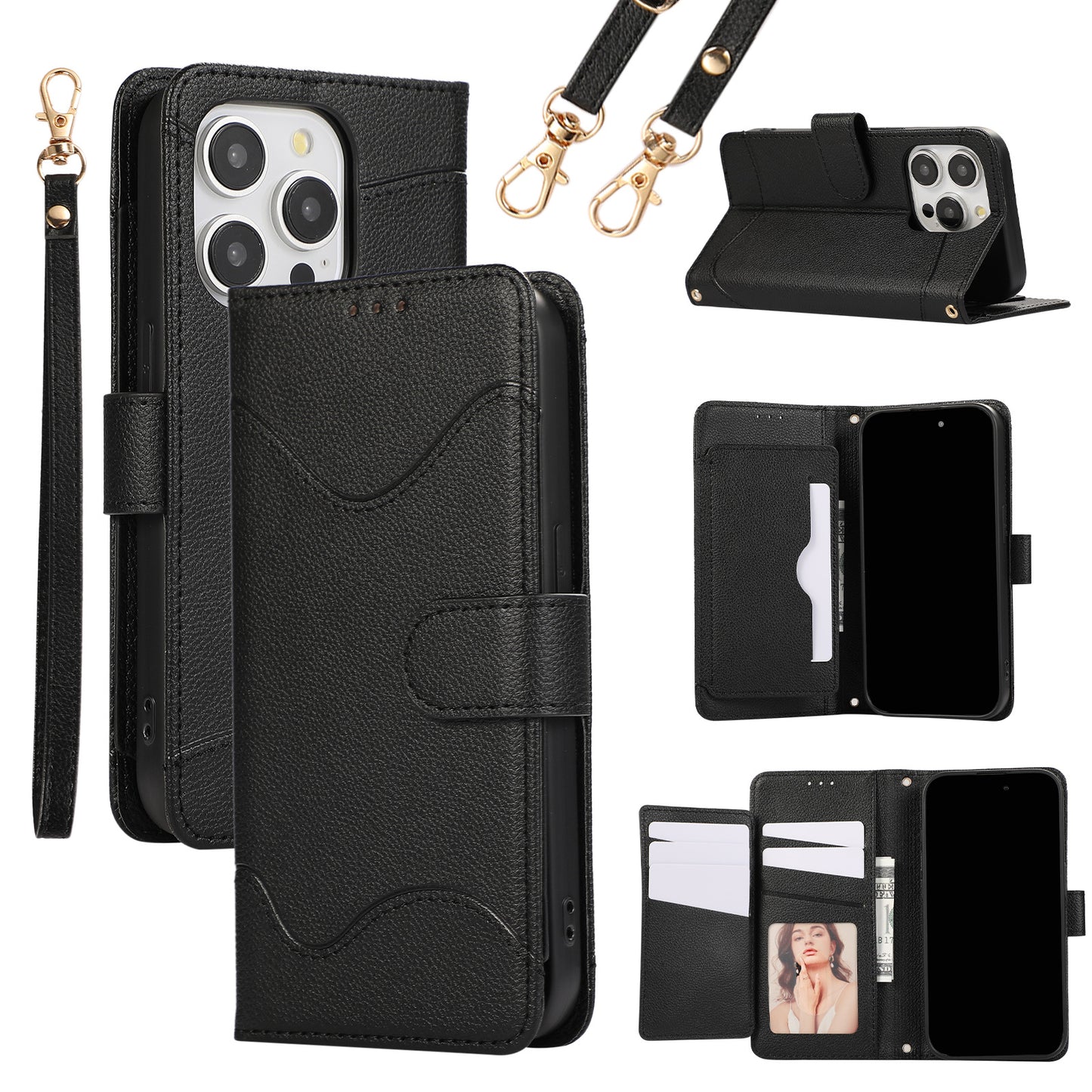 Leather Case Multi-Card Slot Crossbody Lanyard Flip Phone Case