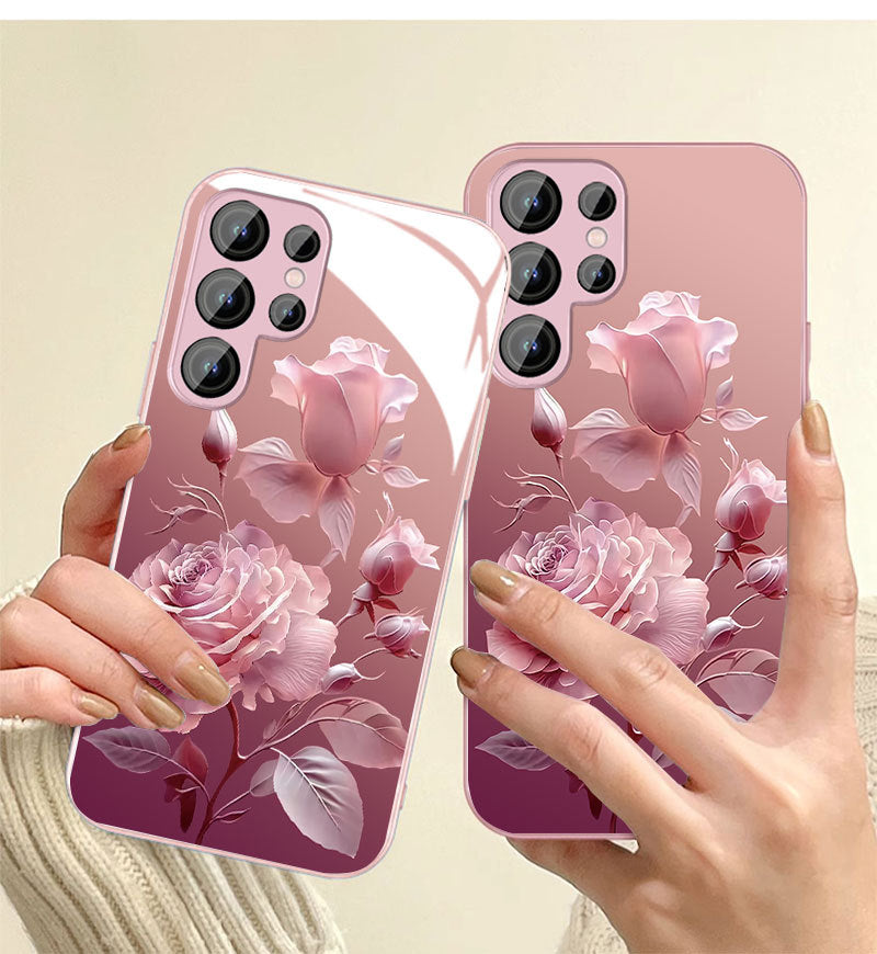 Hot ins pink rose glass phone case