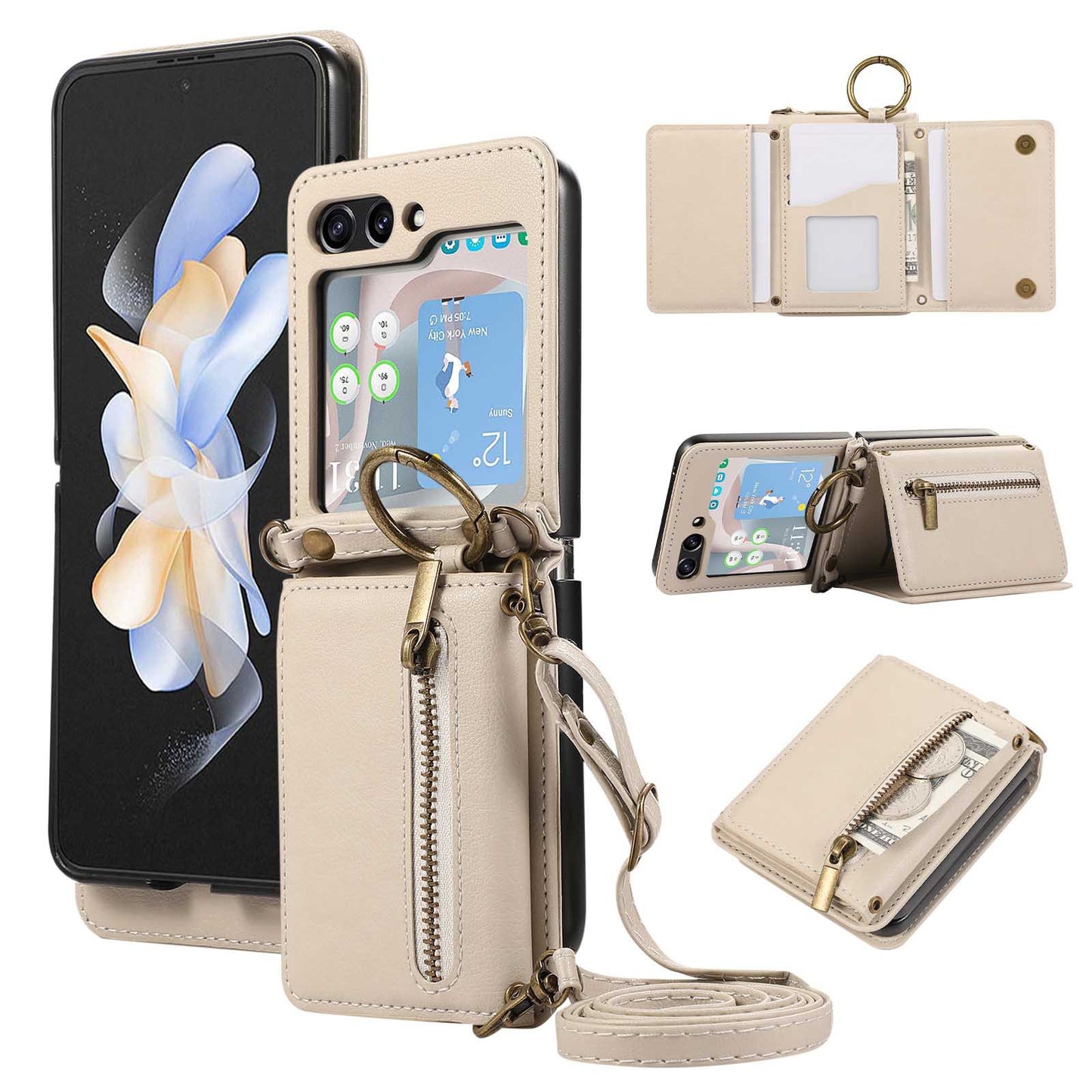 Trifold card holder finger ring buckle crossbody lanyard zipper leather case mobile phone case