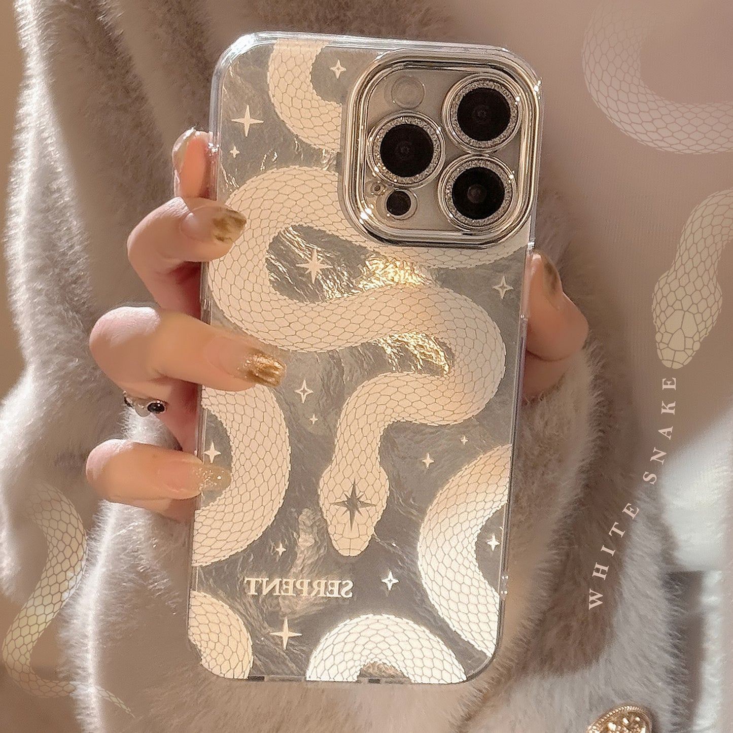 2025 White Python Pattern Phone Case For iPhone Lens Glitter