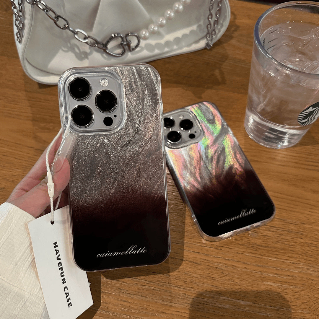 Gradient coffee large hole IMD feather yarn bracket mobile phone case