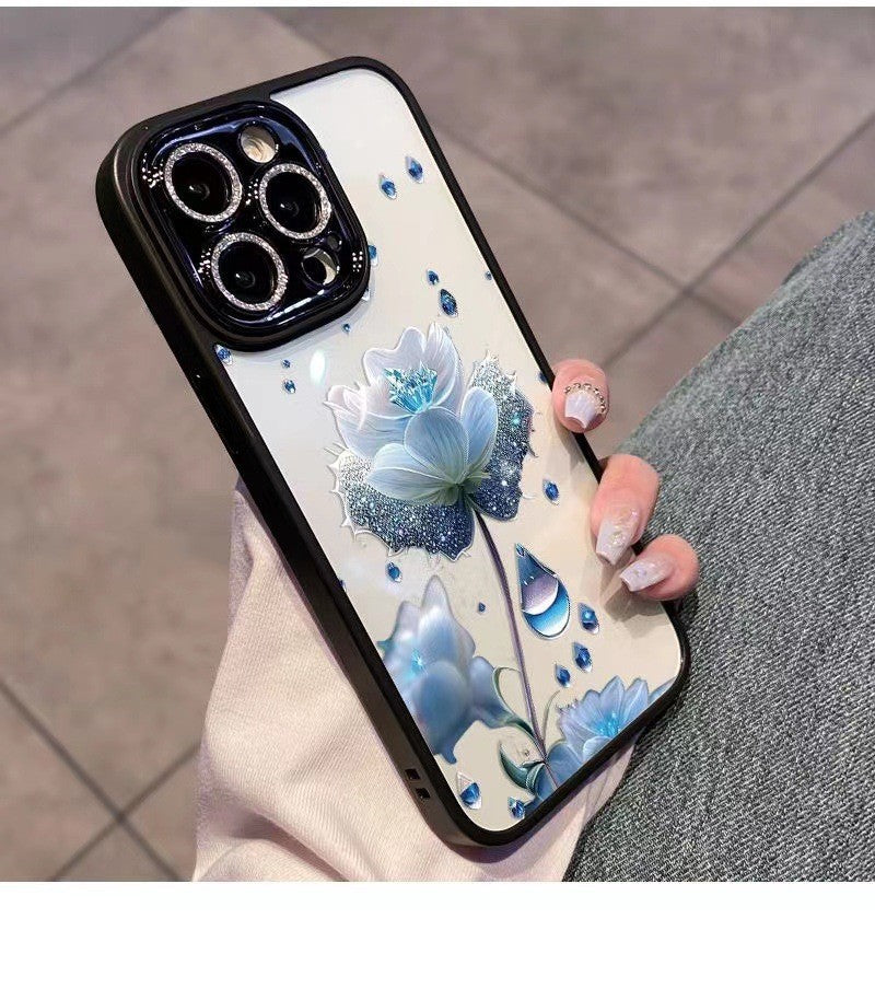 Blue floral all-inclusive diamond lens film phone case