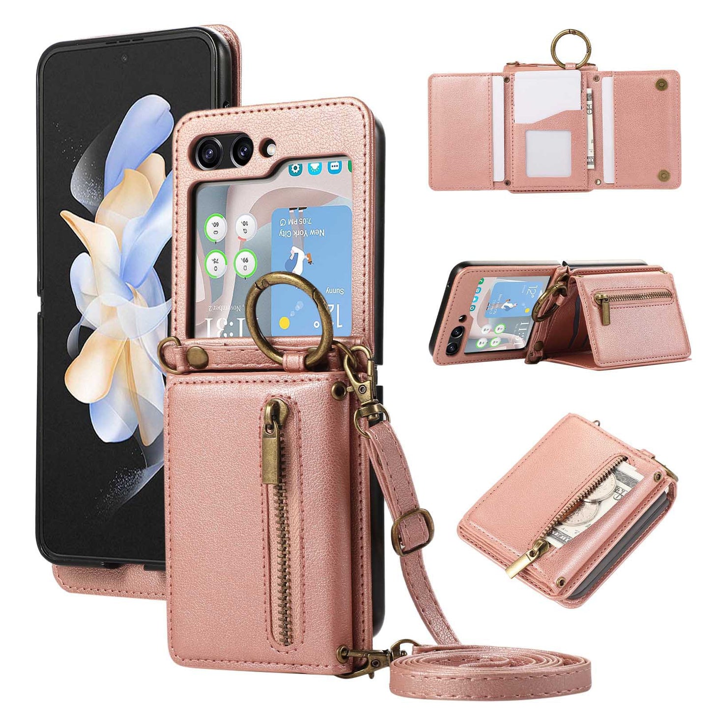 Trifold card holder finger ring buckle crossbody lanyard zipper leather case mobile phone case