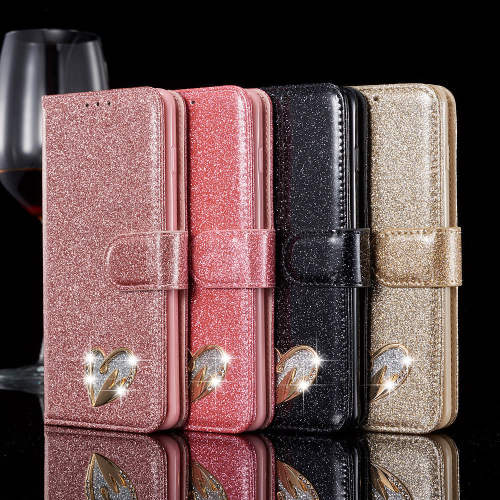 Fashion brand love glitter flip leather phone case