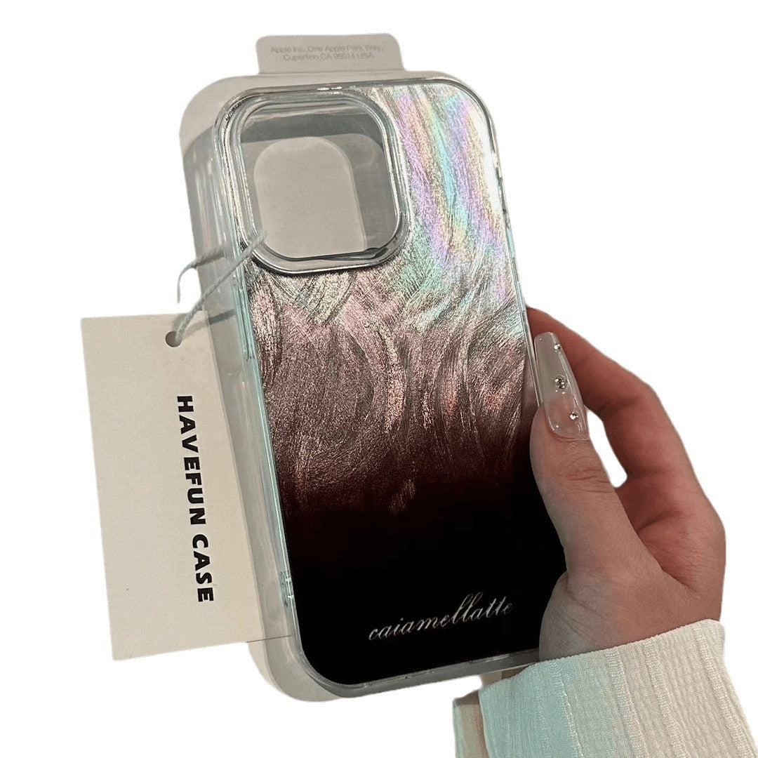 Gradient coffee large hole IMD feather yarn bracket mobile phone case