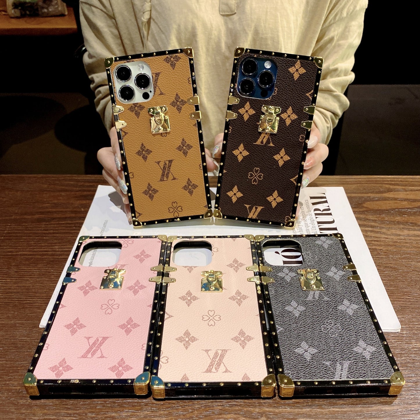 Foreign trade big brand square trendy classic LV brand leather texture mobile phone case