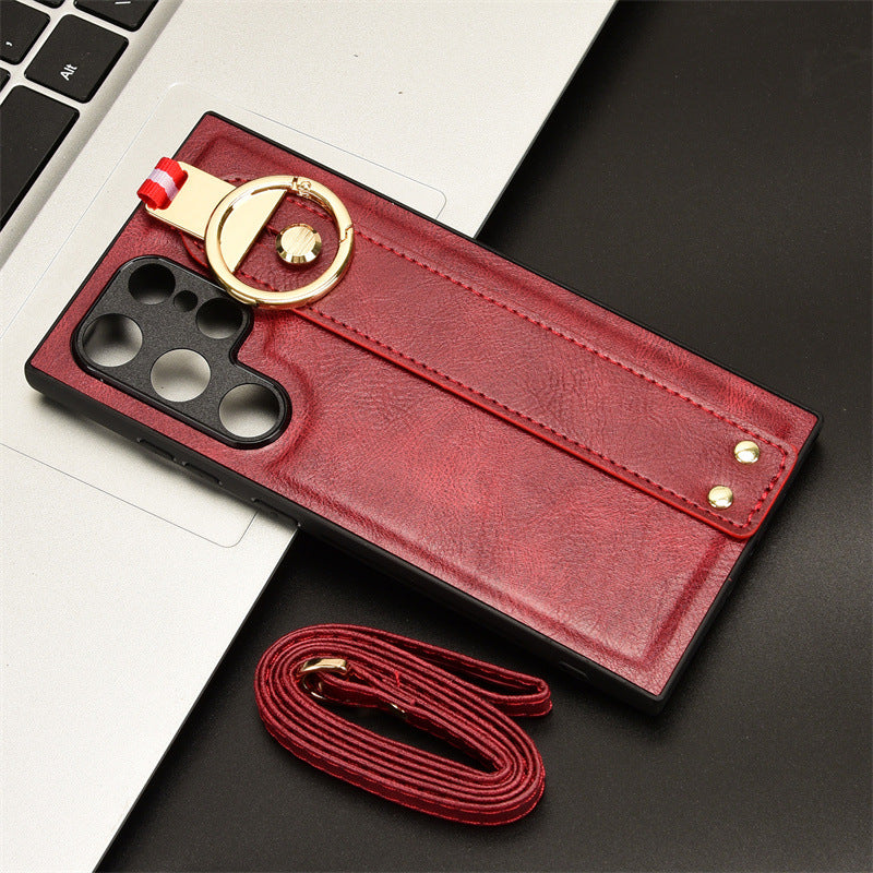 Wrist Strap Lanyard Leather Phone Case For Samsung