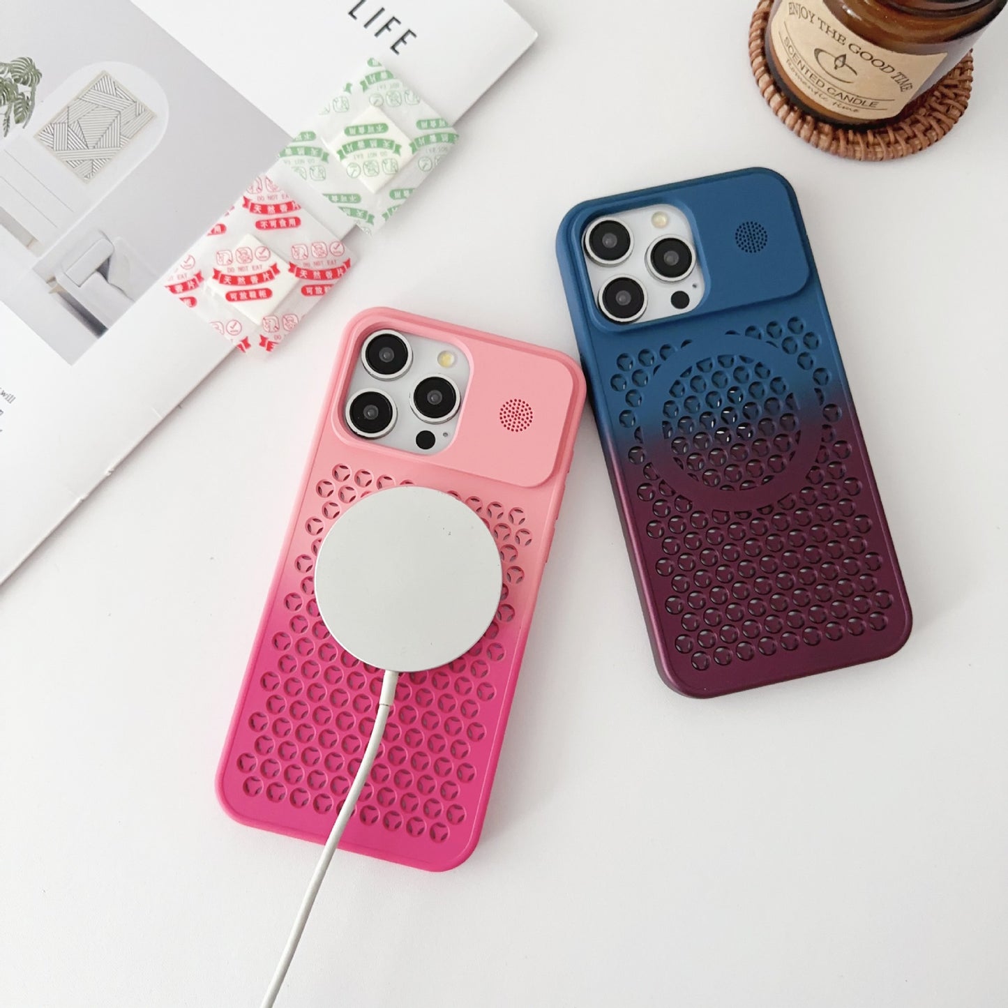 Aromatherapy honeycomb heat dissipation gradient magnetic frosted mobile phone case