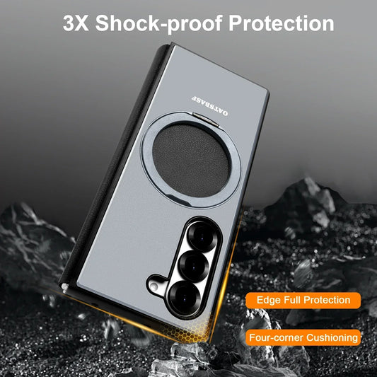Eary 360° Ring Leather Case with MagSafe & Kickstand for Samsung Galaxy Z Fold 6/5